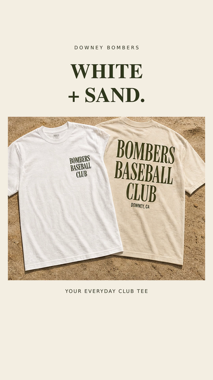 Downey Bombers Baseball Club puff-print tees: white shirt front and sand shirt back with olive green lettering.