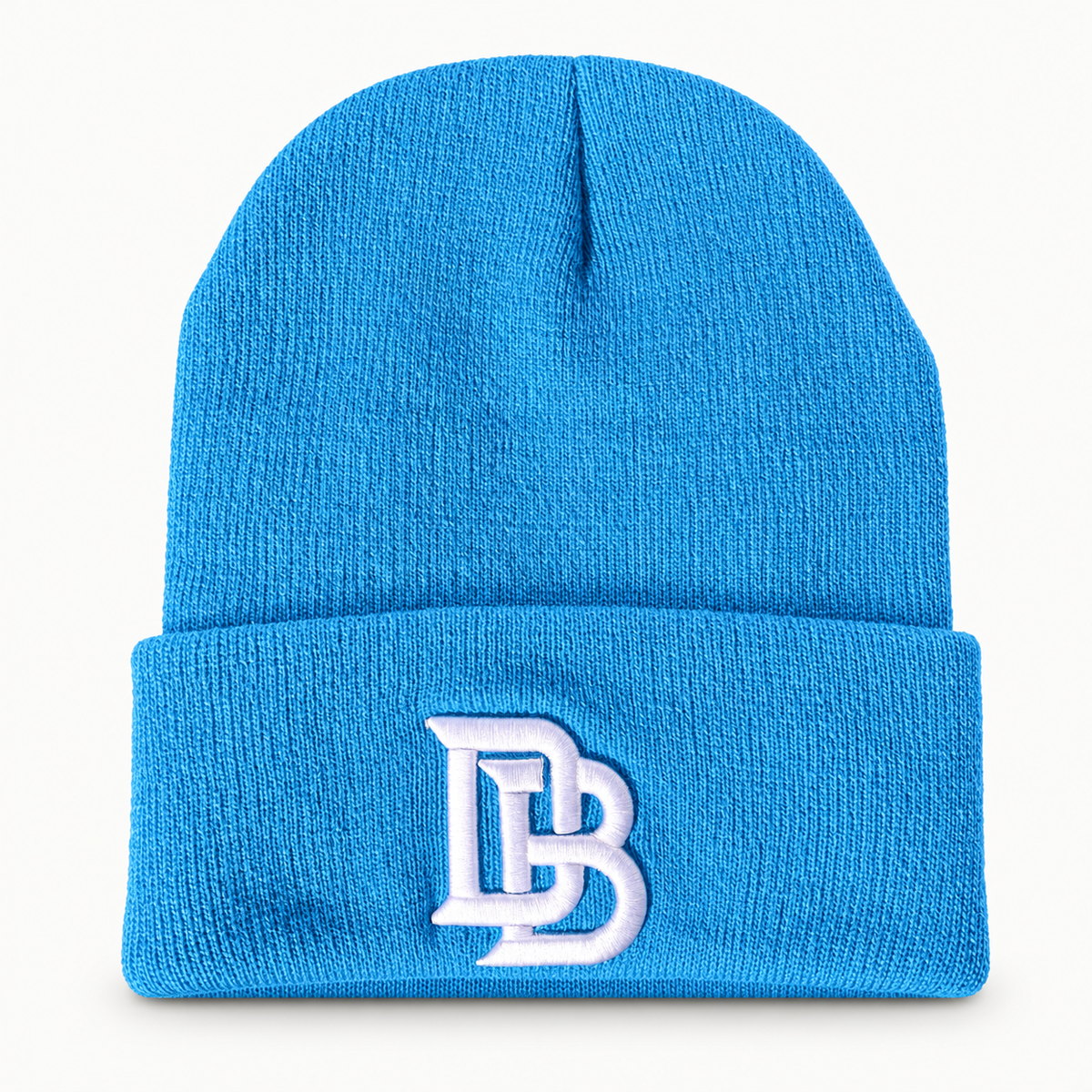 Downey Bombers Embroidered Beanie – Powder Blue, digitally retouched product photograph on a neutral background.