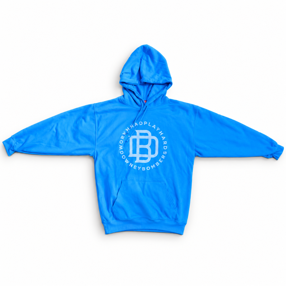 Downey Bombers “Work Hard Play Hard” Hoodie – Powder Blue, digitally retouched product photograph on a neutral background.