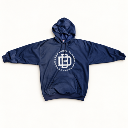 Downey Bombers “Work Hard Play Hard” Hoodie, digitally retouched product photograph on a neutral background.