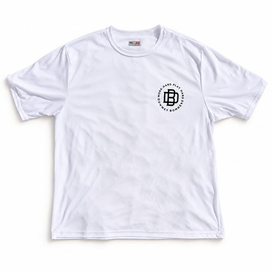 Downey Bombers Official Practice Shirt – White (Custom Number), digitally retouched product photograph on a neutral background.